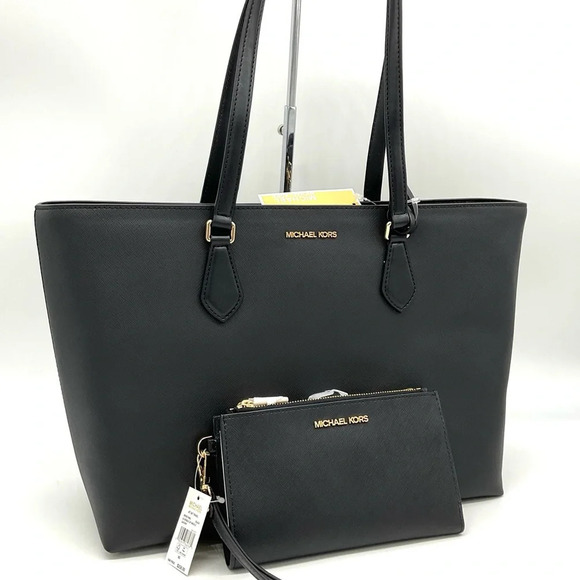 Michael Kors Bag Large Sheila Mf Tote Bag & Large Double Zip Wallet Black/Gold - Picture 3 of 10